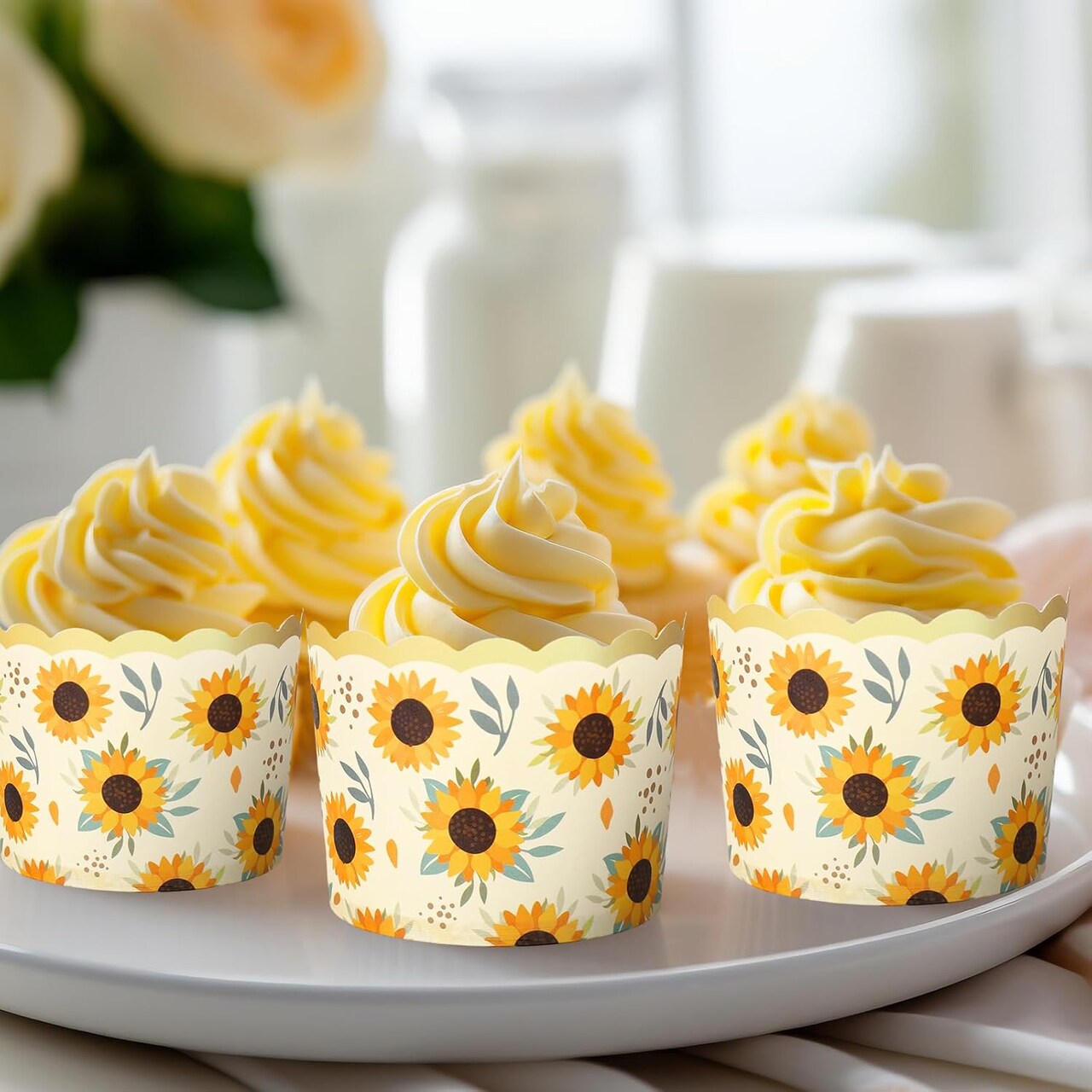 100 Sunflower Paper Baking Cups – Yellow & Green Scalloped Cupcake Liners for Summer Parties